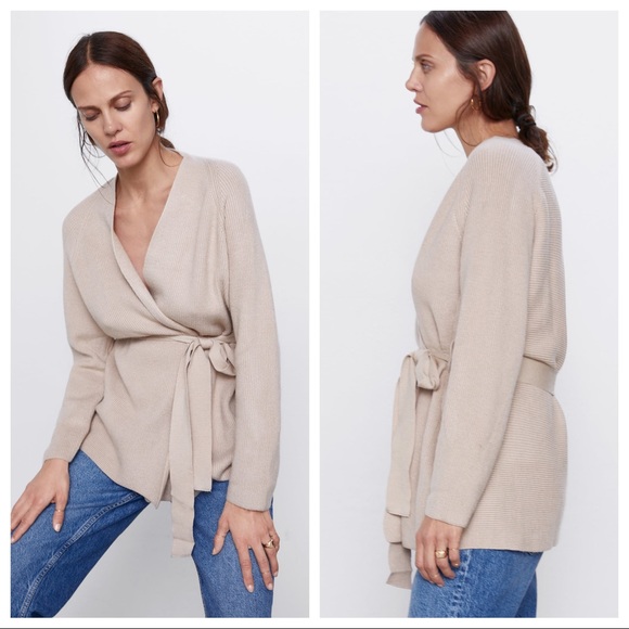 Nwt Zara Beigetan Belted Knit Cardigan 